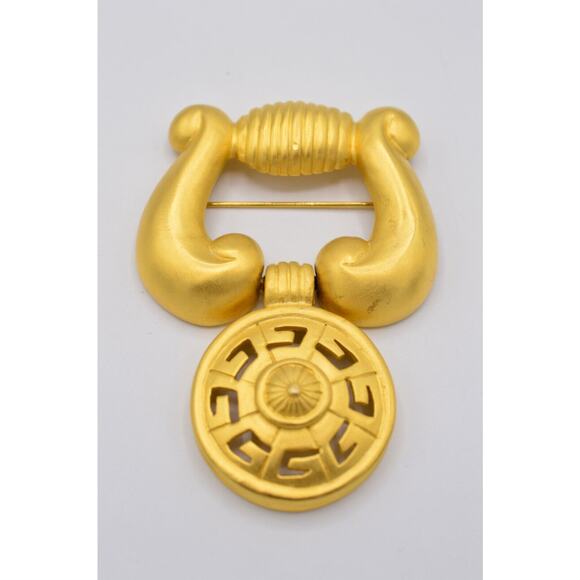 Givenchy Vintage Logo Pin Brooch Brushed Gold Door Knocker Chunky Signed BinF - Picture 2 of 10